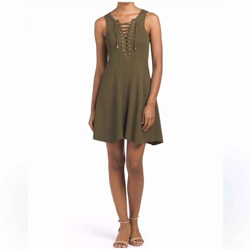 TORN BY RONNY KOBO Medium LACE UP TEXTURED FIT AND FLARE SLEEVELESS DRESS OLIVE